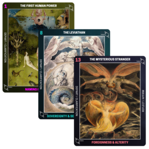Three cards with artwork by Hieronymous Bosch and William Blake, accompanied by a series of general words