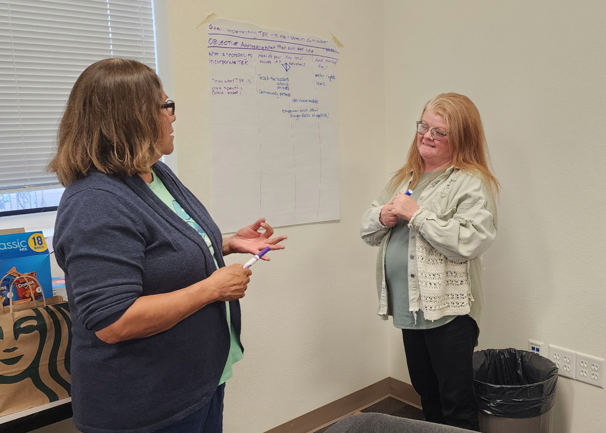 participants in Native Climate's indigenous education workshop discuss ideas during an activity