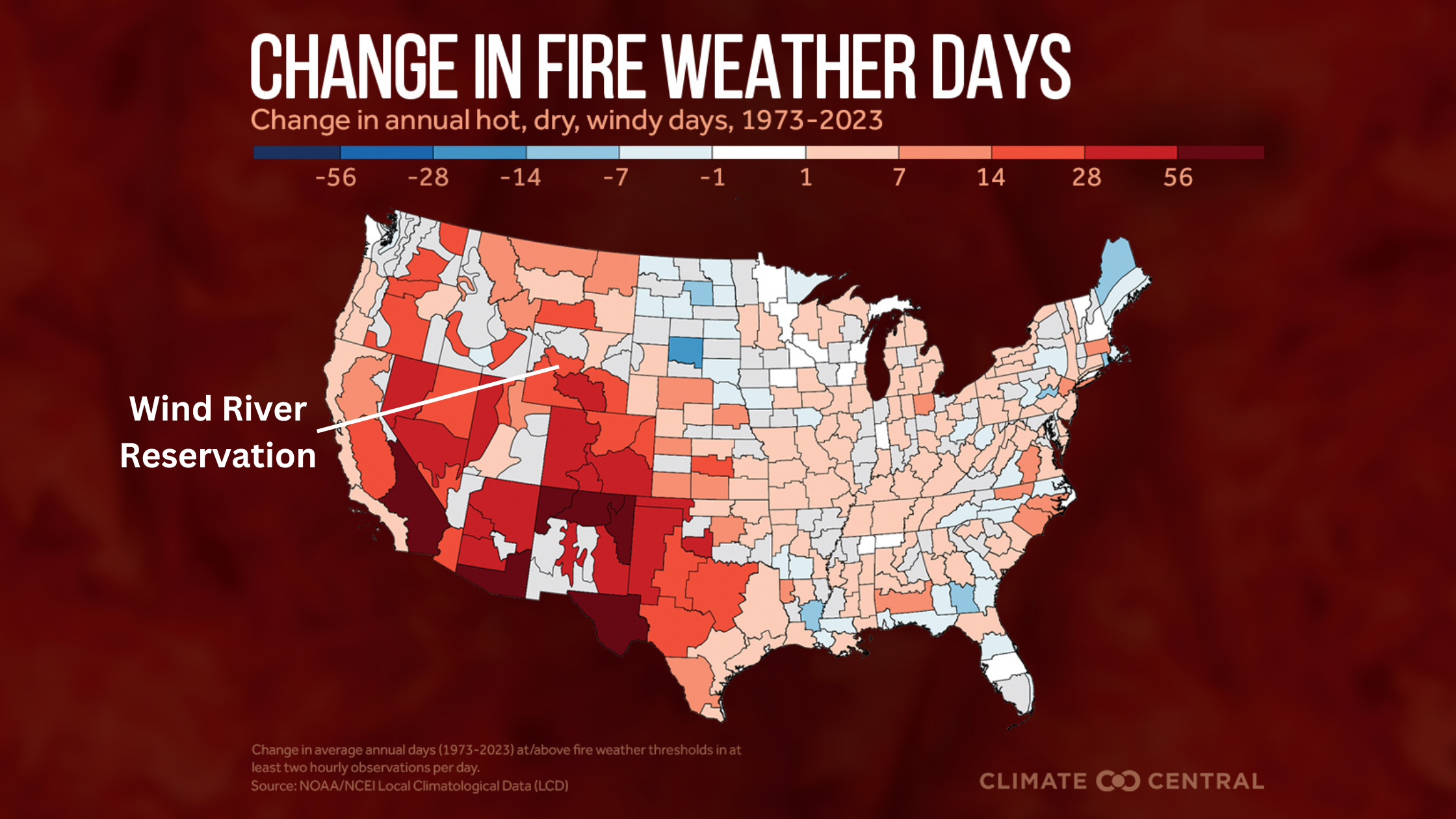 Map showing change in fire weather days, 1973-2023.