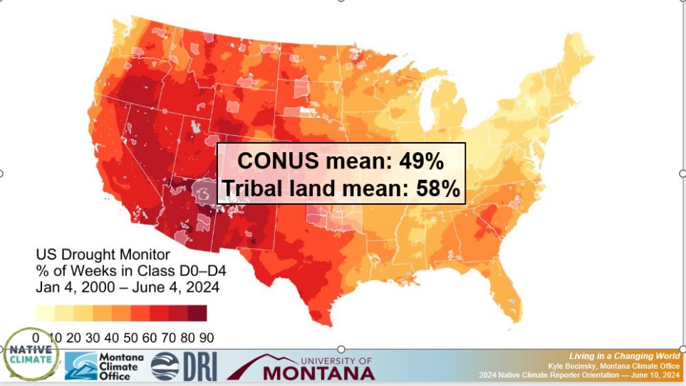 map showing percent of drought on tribal vs national US lands